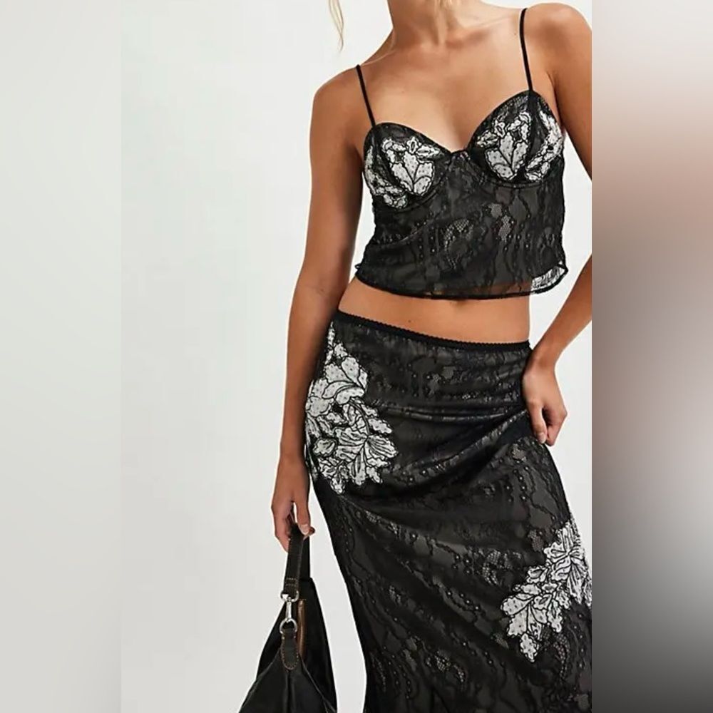 Free People Bali Meet Me at Midnight Lace Maxi Skirt Set in Black NWOT